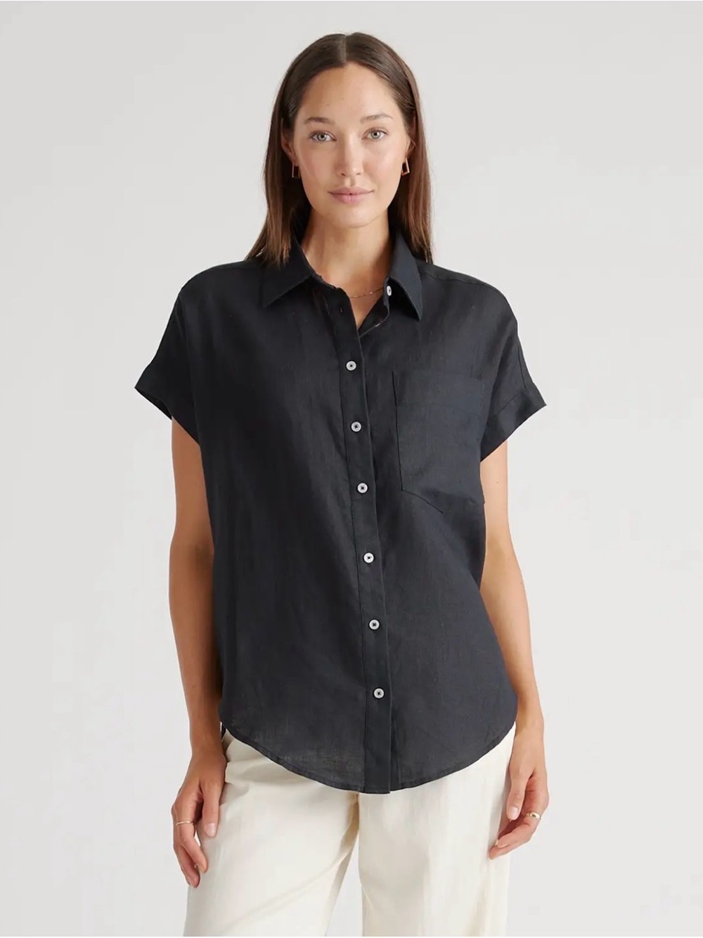 Quince Black Short-Sleeve 100% European Linen Button-Down Camp Shirt